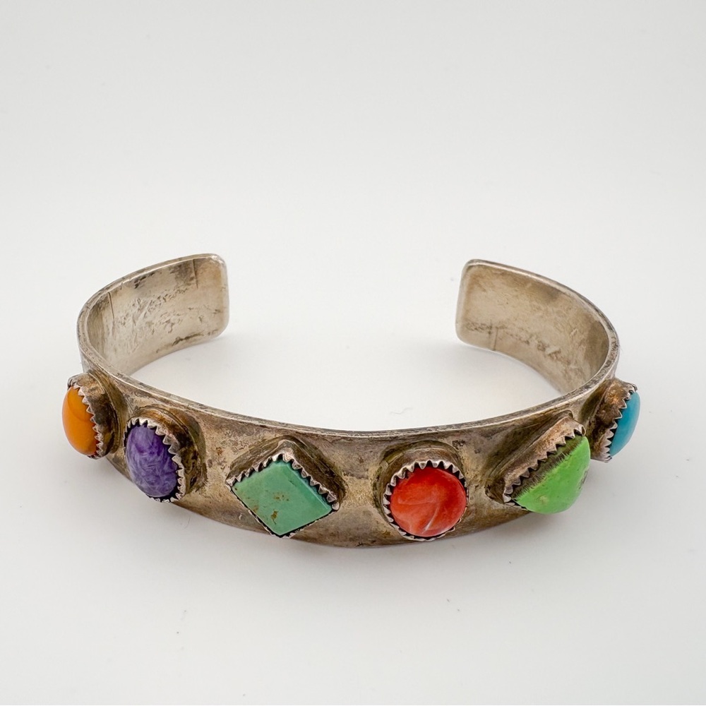Vintage JB Signed 900 Coin Silver Multi-Stone Turquoise Cuff Bracelet 42.7g 7.5”